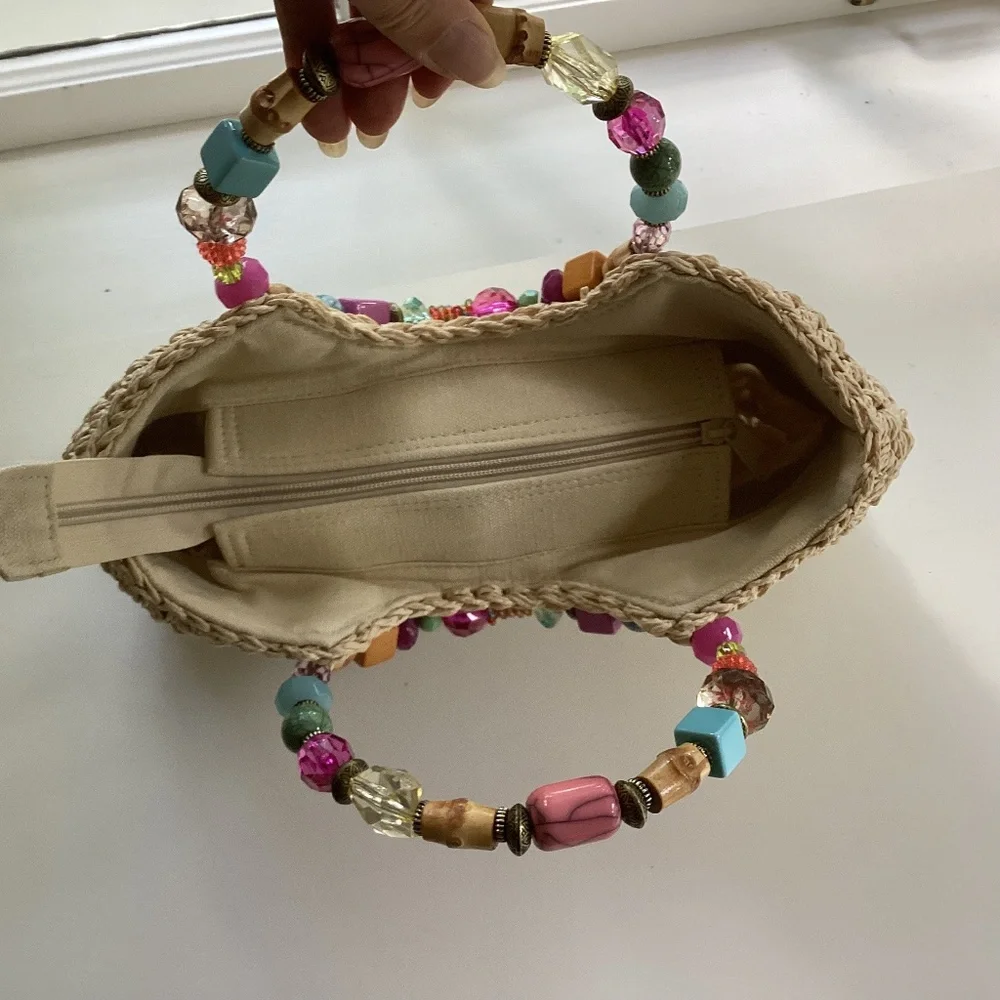 Cappelli Straworld Purse Handbag Round Beaded Jewel Handles Beige/Gold Lined - Picture 13 of 14